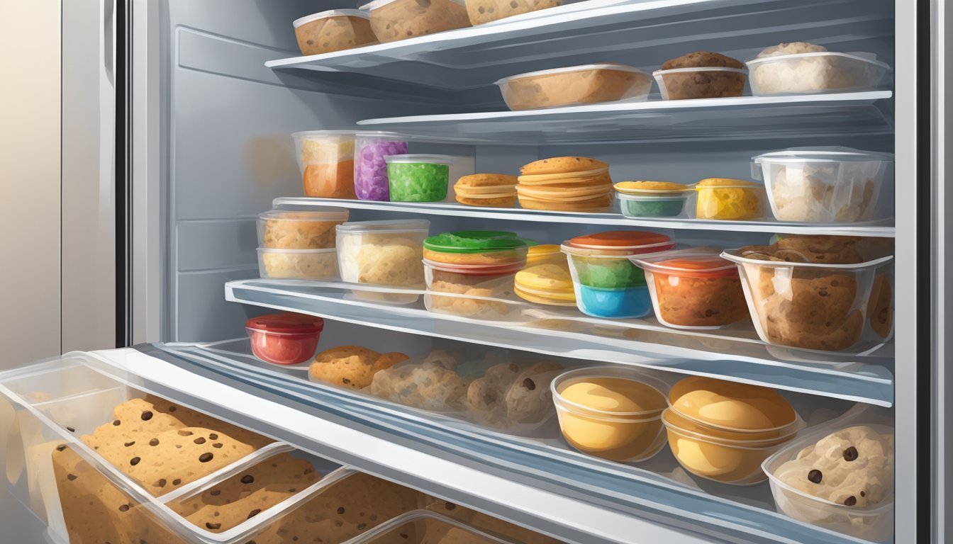 A bowl of cookie dough sits covered in plastic wrap inside a refrigerator, surrounded by shelves of other food items