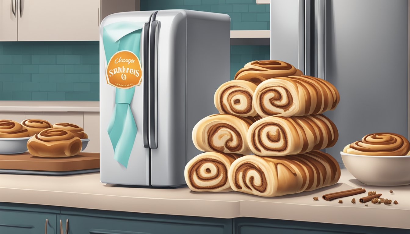 A kitchen counter with a package of cinnamon rolls sitting next to a refrigerator