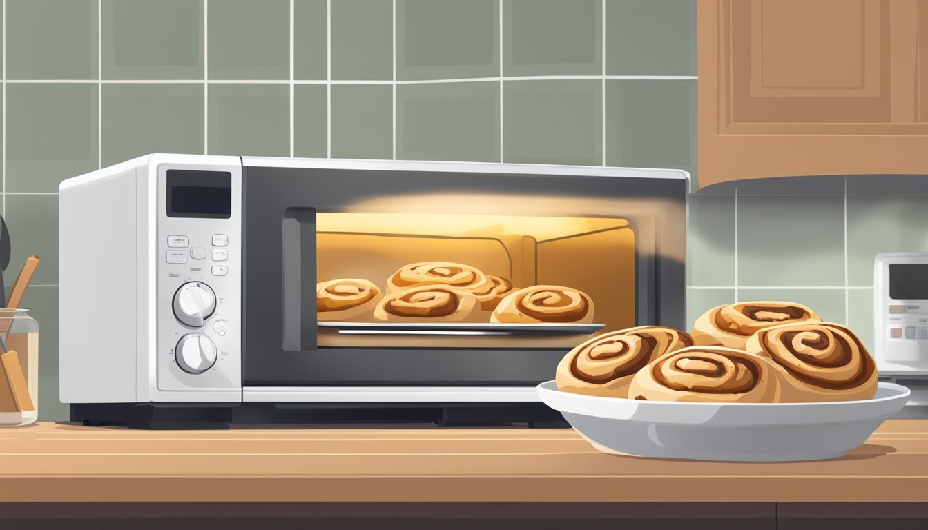 A plate of cinnamon rolls sits on a counter next to a microwave. The rolls are being heated up, with steam rising from them