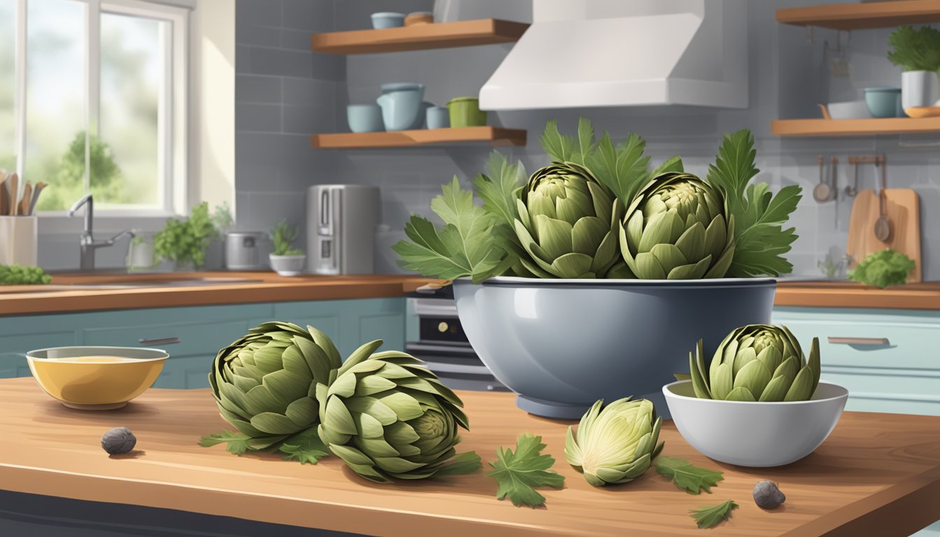 A kitchen counter with a bowl of artichokes, some loose leaves, and a refrigerator in the background