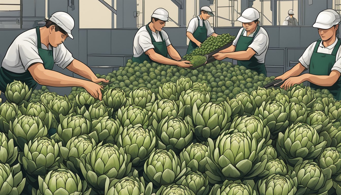 Artichokes being harvested and processed, with workers sorting and packing them for distribution