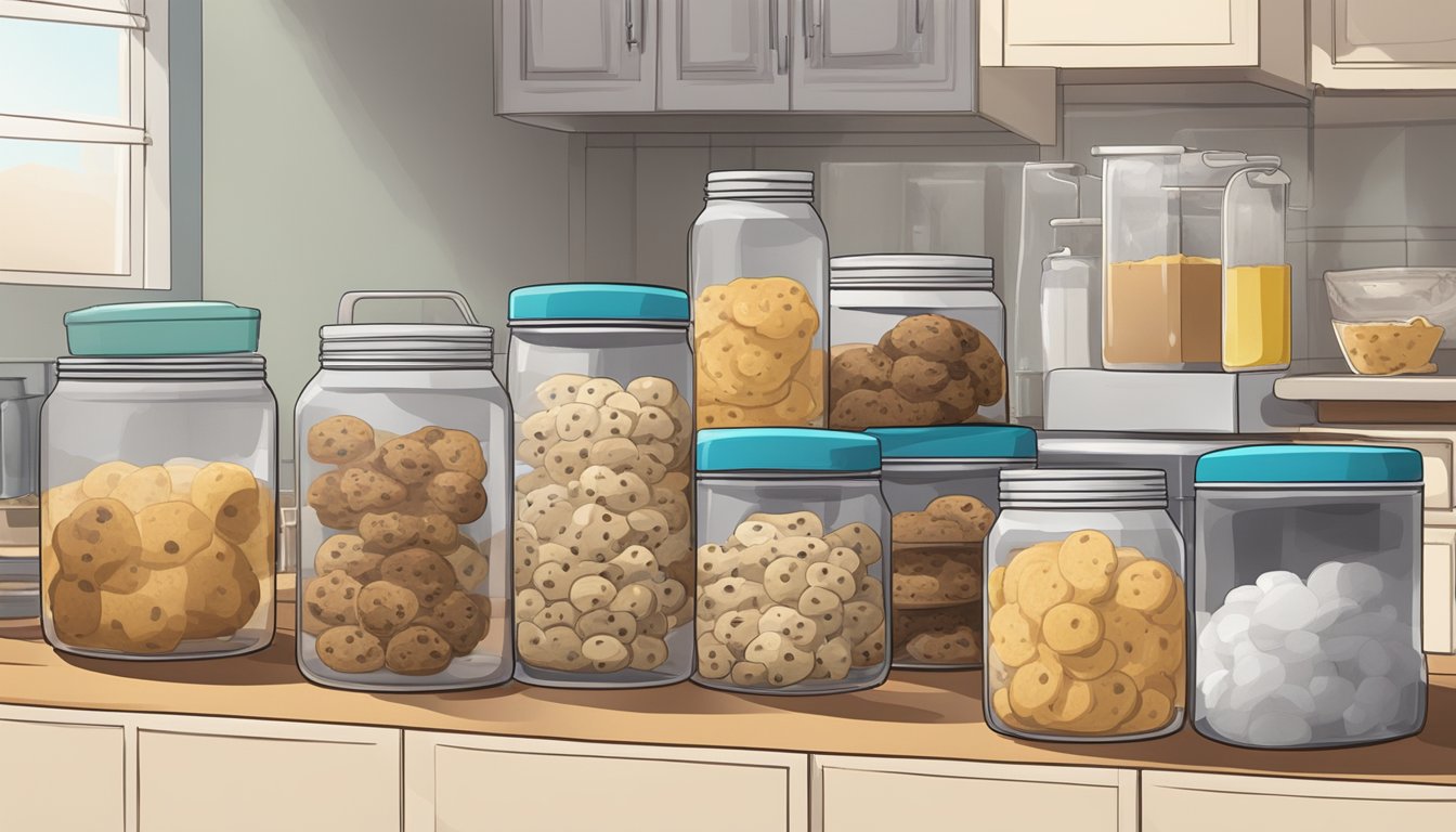 A bowl of various cookie dough types sits on a kitchen counter, some wrapped in plastic, others in mixing bowls. A refrigerator door is slightly ajar, hinting at the need for refrigeration