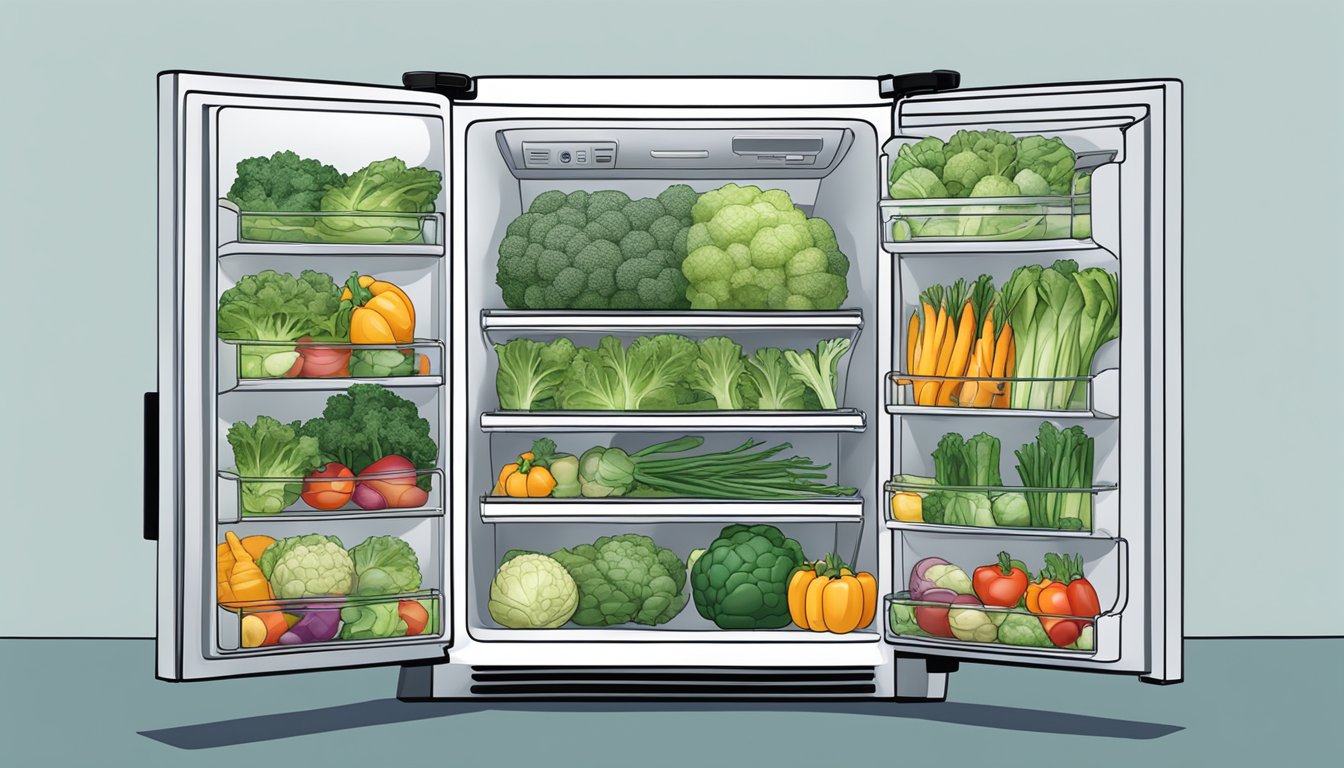 A refrigerator with various vegetables inside, including artichokes, with a question mark above them