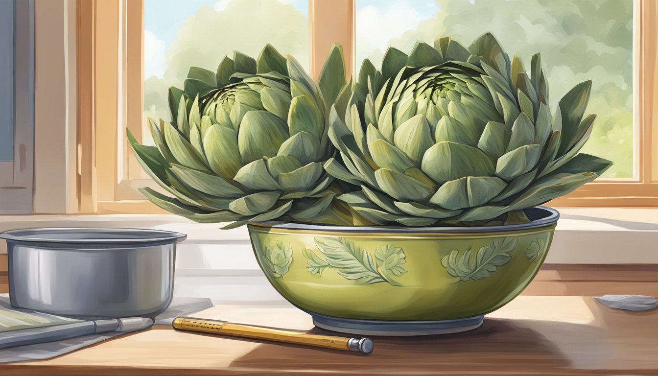 A bowl of artichokes sits on a kitchen counter next to a window, bathed in natural light. Nearby, a thermometer reads a comfortable room temperature