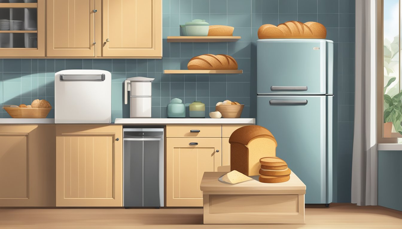 A loaf of bread sits on a kitchen counter next to a bread box. The refrigerator is shown closed and not being used to store the bread