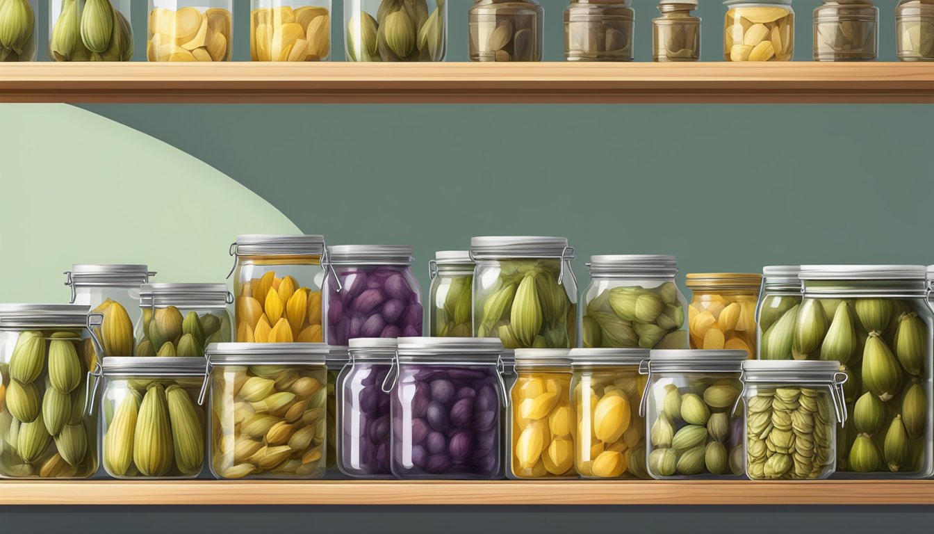 A pantry shelf with neatly organized jars of canned artichokes and other preserved forms, with no refrigerator in sight