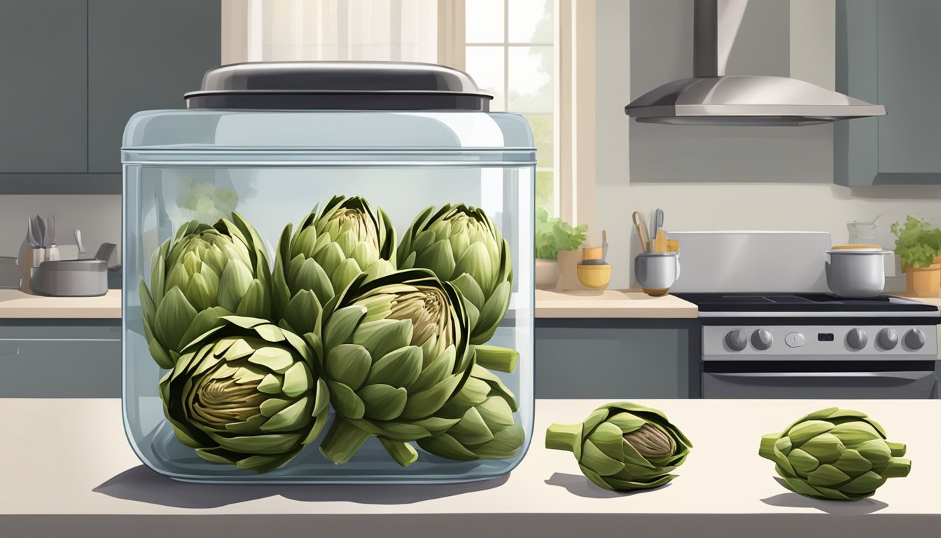 A glass container with cooked artichokes sits on a kitchen counter, next to a refrigerator. The lid is partially open, steam rises from the artichokes