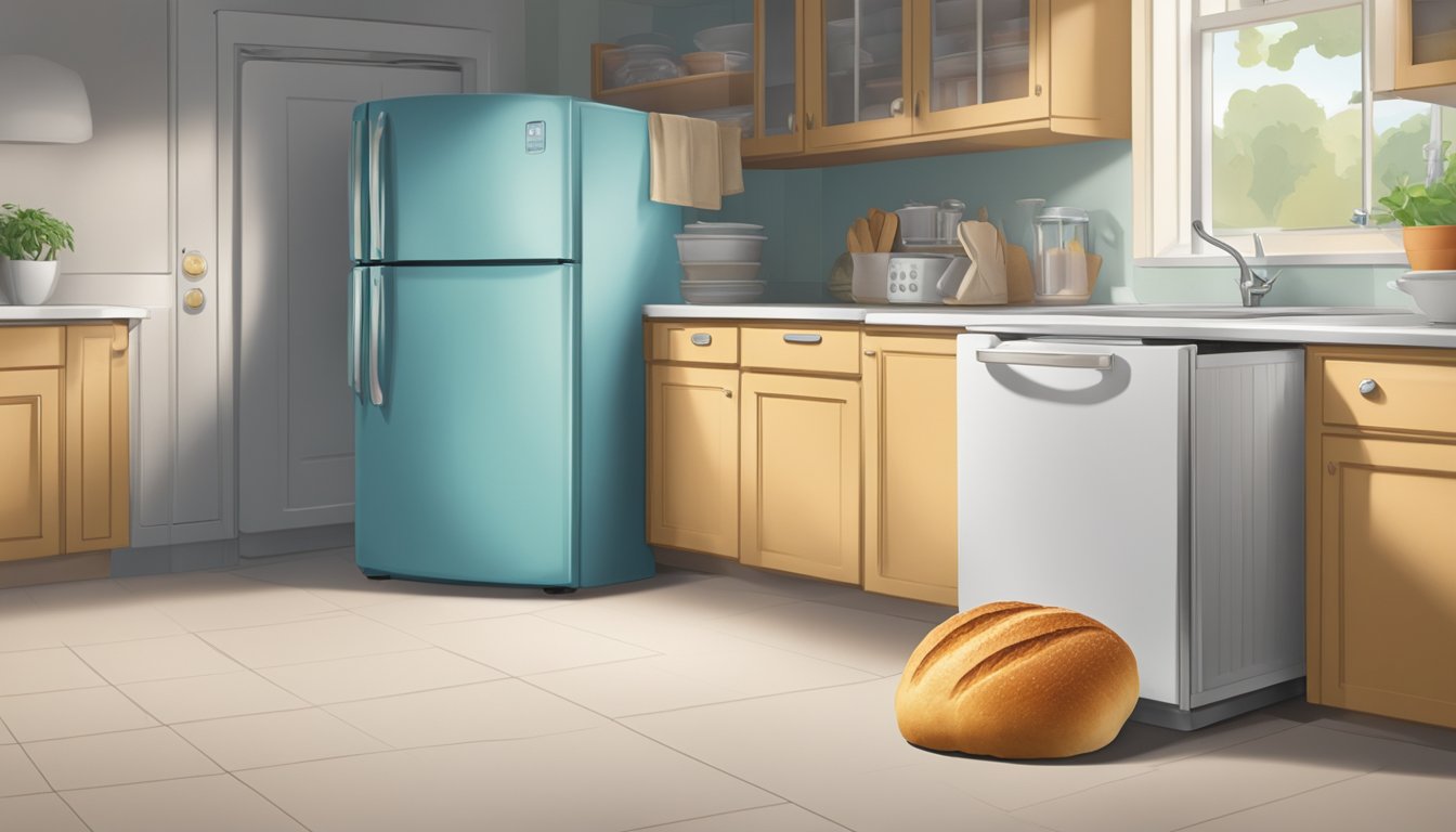 A loaf of bread sits on a kitchen counter next to a refrigerator, with a question mark hovering above it