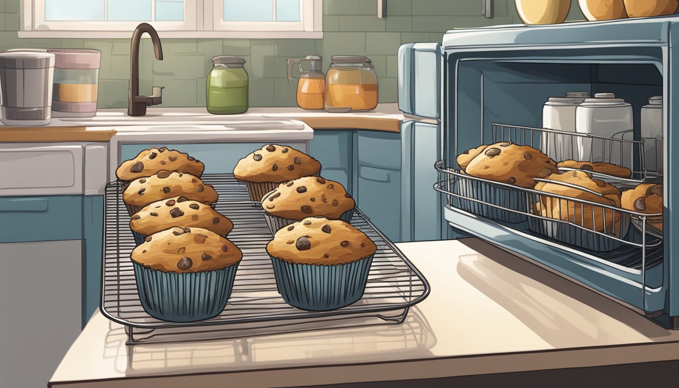 A batch of muffins sits on a kitchen counter next to a wire rack and airtight container. The refrigerator door is slightly ajar, with a hand reaching for it