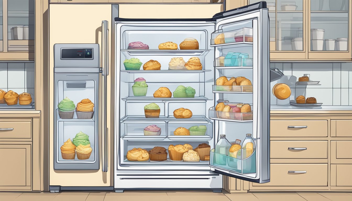 A refrigerator with muffins inside, surrounded by cool air