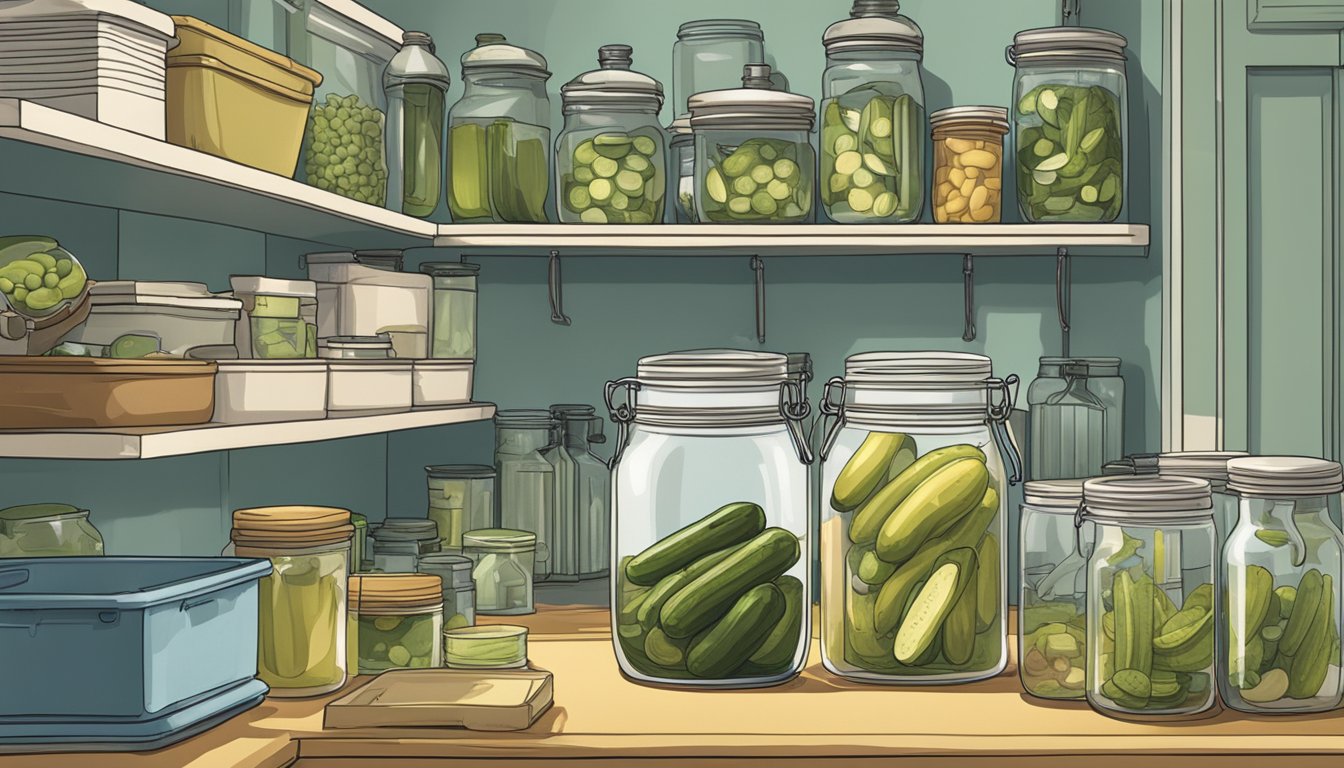 A jar of pickles sits on a kitchen counter, surrounded by various storage containers and shelves. The room is well-lit and organized, with a scientific journal open to a page about pickle storage