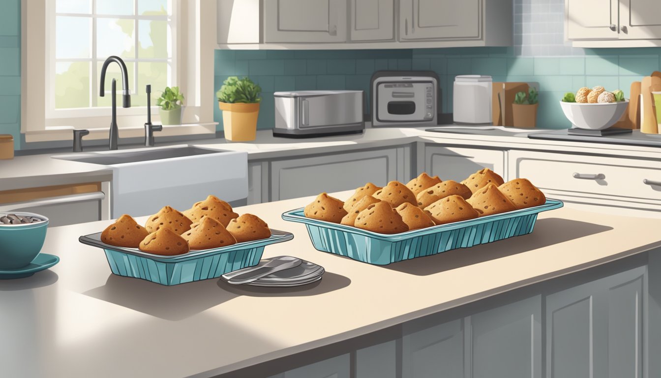 A kitchen counter with a plate of homemade and store-bought muffins, with an open refrigerator in the background