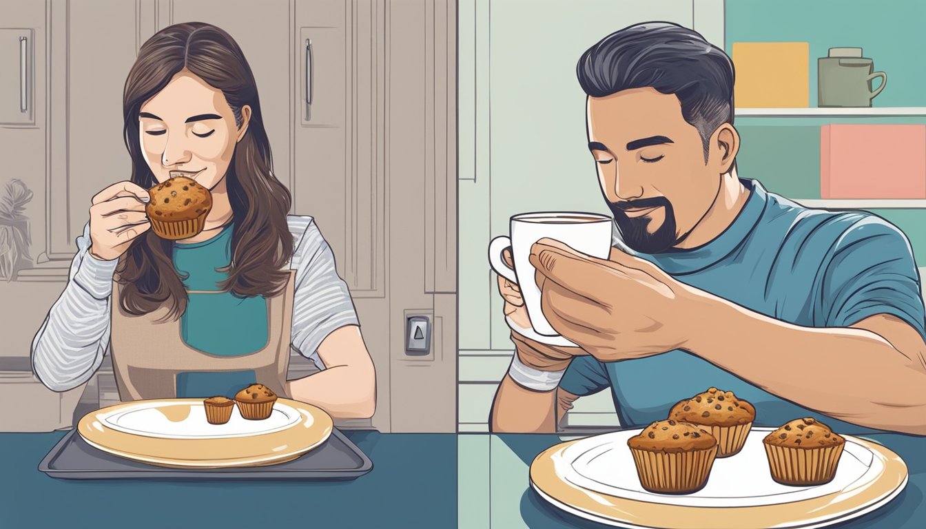 A person placing a muffin on a plate and microwaving it, then sitting at a table and enjoying the muffin with a cup of coffee