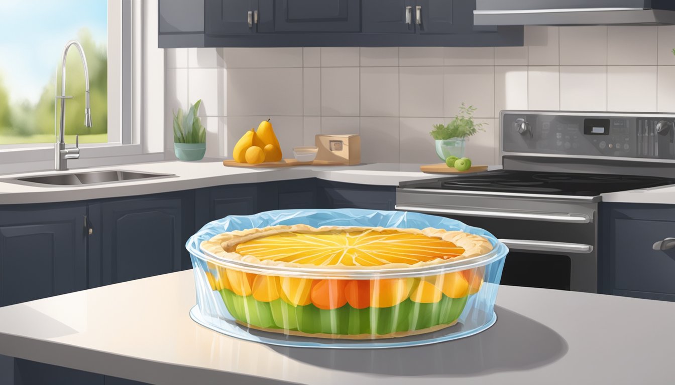 A fresh fruit pie sits on a kitchen counter, covered with a clear plastic wrap. A refrigerator is visible in the background