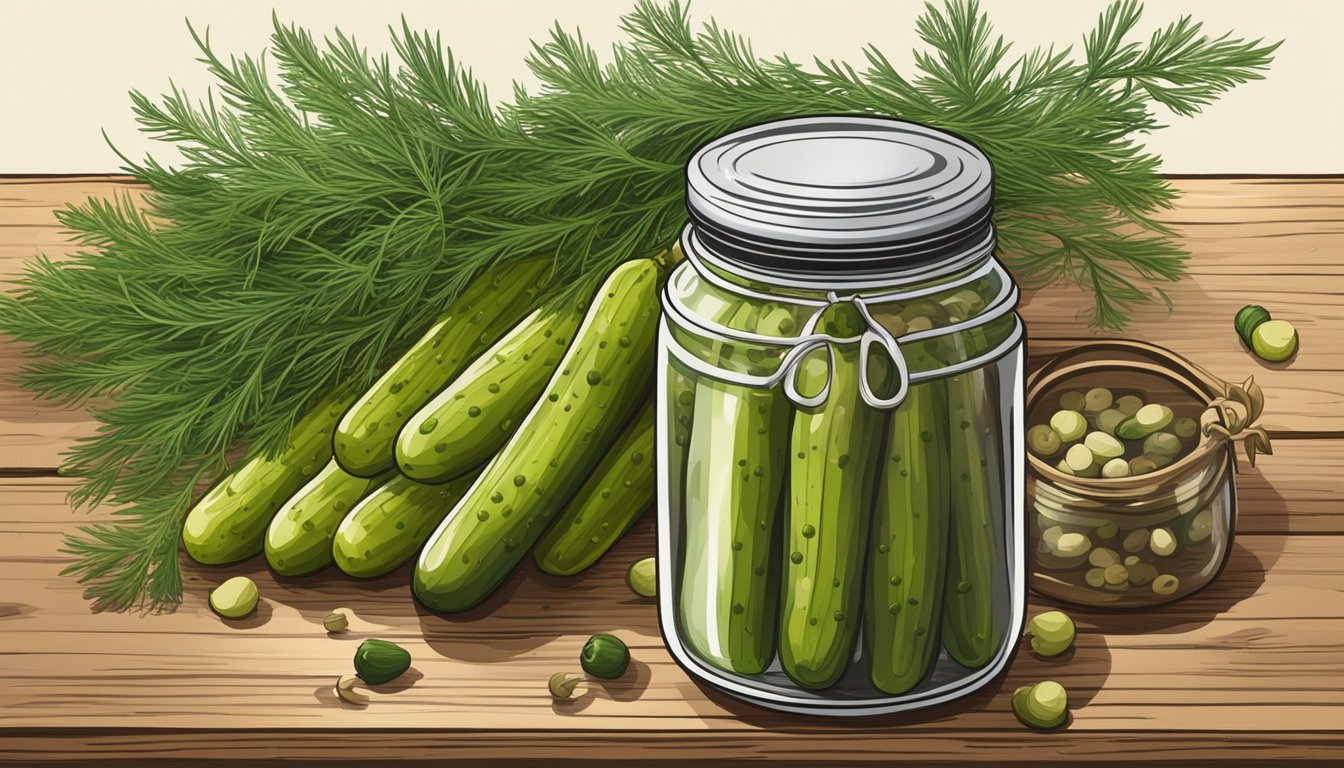 A jar of homemade pickles sits on a rustic wooden table, surrounded by fresh dill, garlic cloves, and colorful peppercorns