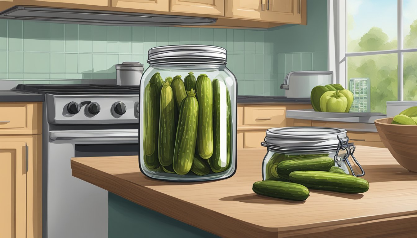 A jar of pickles sits on a kitchen counter next to a refrigerator. The jar is unopened, and the label indicates that it is commercially packaged