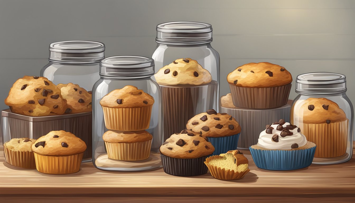 A variety of muffins displayed on a wooden table, with some wrapped in plastic and others stored in a glass jar