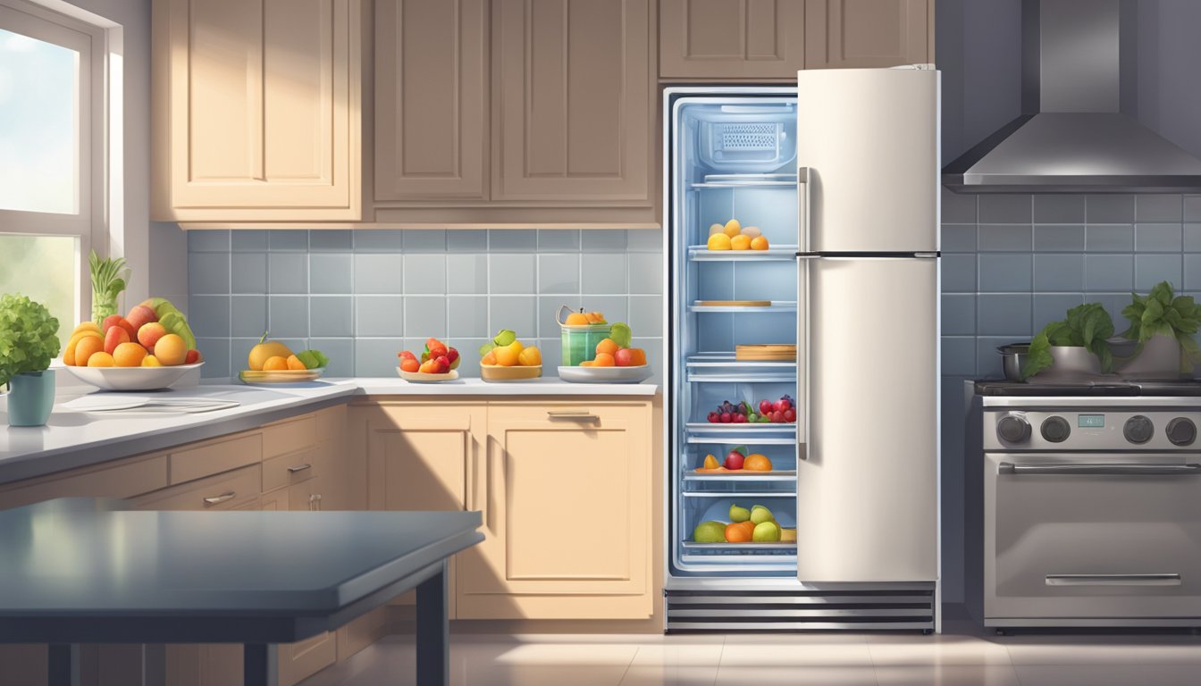 A fruit pie sits on a kitchen counter next to an open refrigerator. The refrigerator door is slightly ajar, with a cool mist escaping