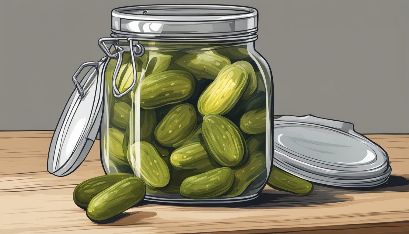 A jar of pickles left out on the counter, showing signs of spoilage with mold and discoloration