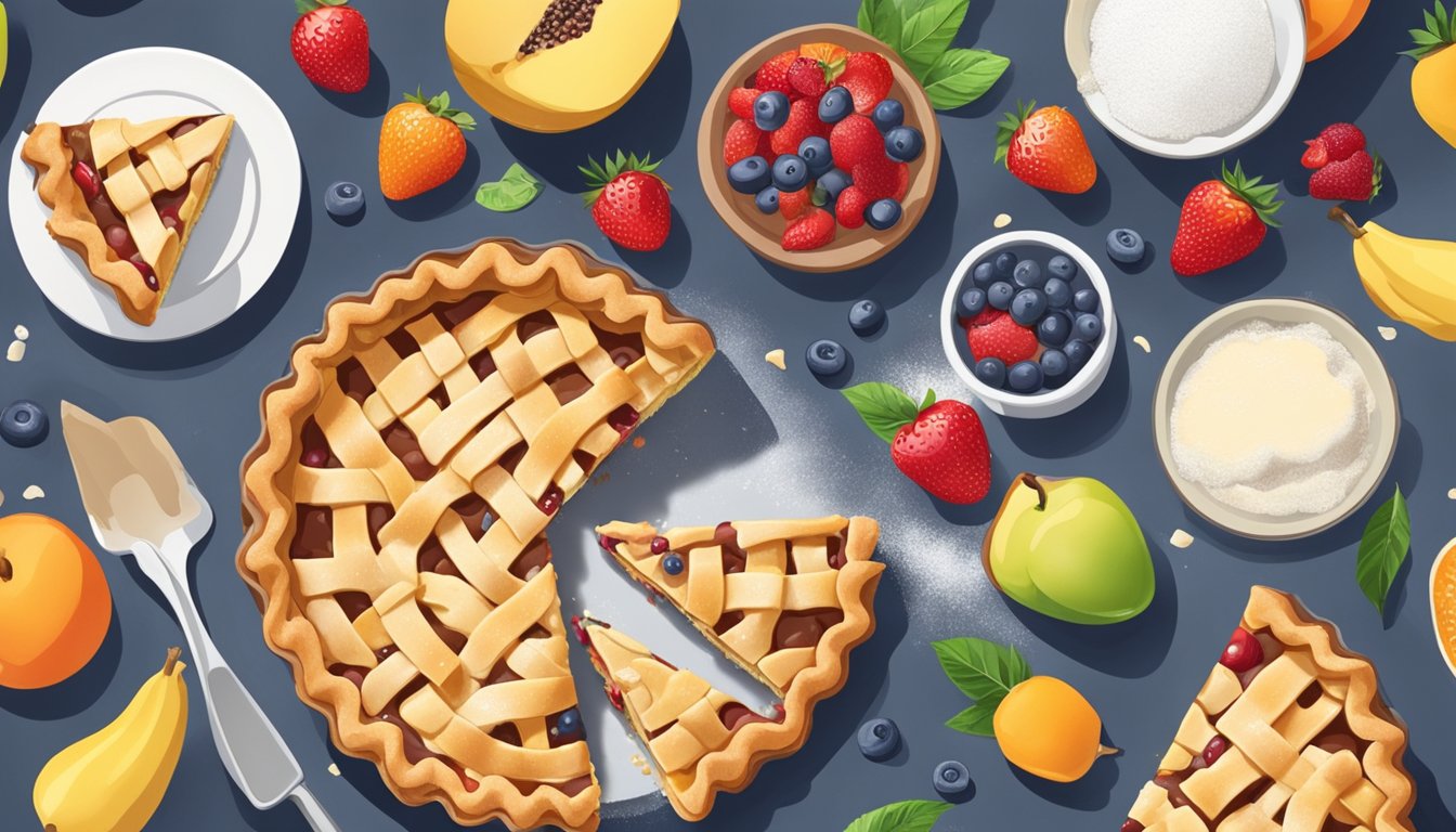 A freshly baked fruit pie sits on a kitchen counter, with a slice missing, surrounded by ingredients like flour, sugar, and fruit