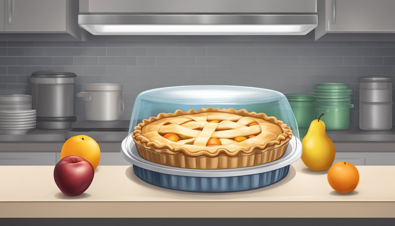 A freshly baked fruit pie sits on a shelf, sealed in a protective, airtight package. The packaging is labeled with information about refrigeration and preservation