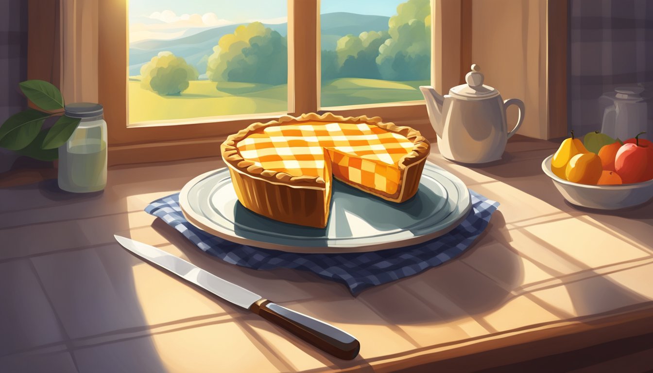 A fruit pie sits on a windowsill, covered with a checkered cloth. The sun shines through the window, casting a warm glow on the pie