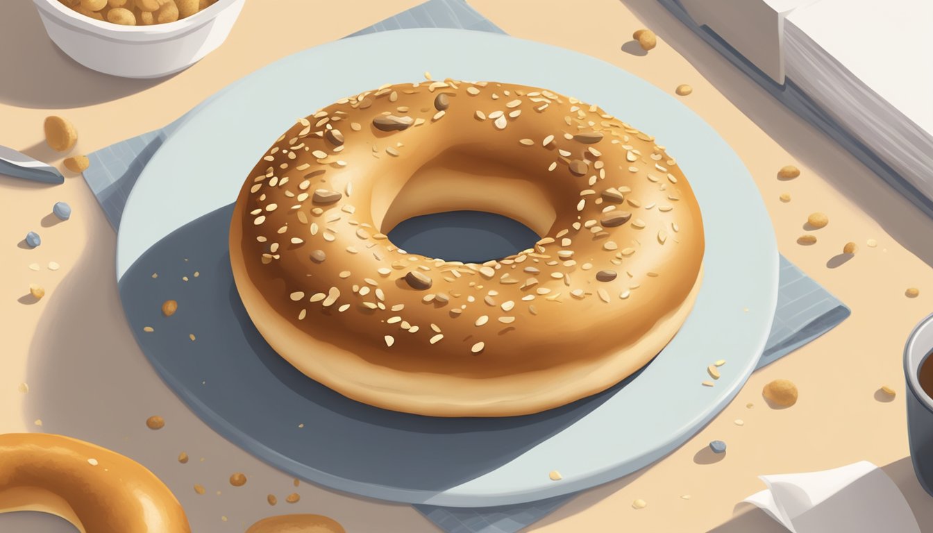 A bagel sits on a countertop, surrounded by a few crumbs. The bagel appears fresh, with a golden-brown crust and a soft, chewy interior