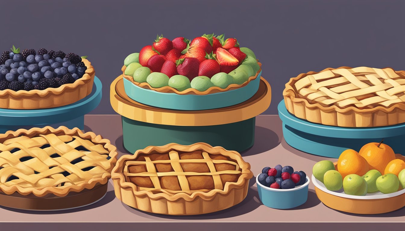 A colorful array of fruit pies sit on a kitchen counter, with a homemade pie on one side and store-bought pies on the other