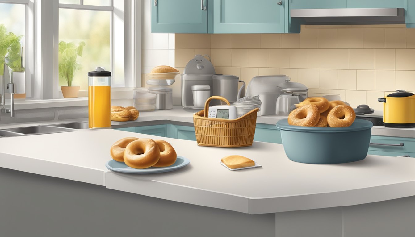 A kitchen counter with a basket of bagels, a bread box, and a thermometer showing room temperature