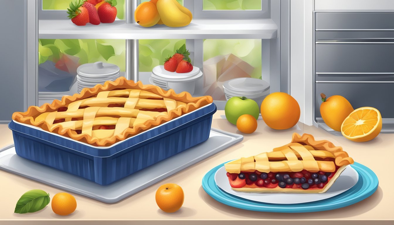 A kitchen counter with a fruit pie in a storage container, next to a refrigerator