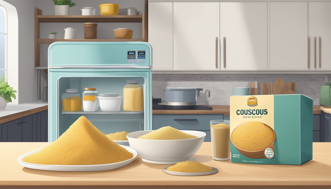 A bowl of couscous sits on a kitchen counter next to a refrigerator, with an open bag of couscous nearby