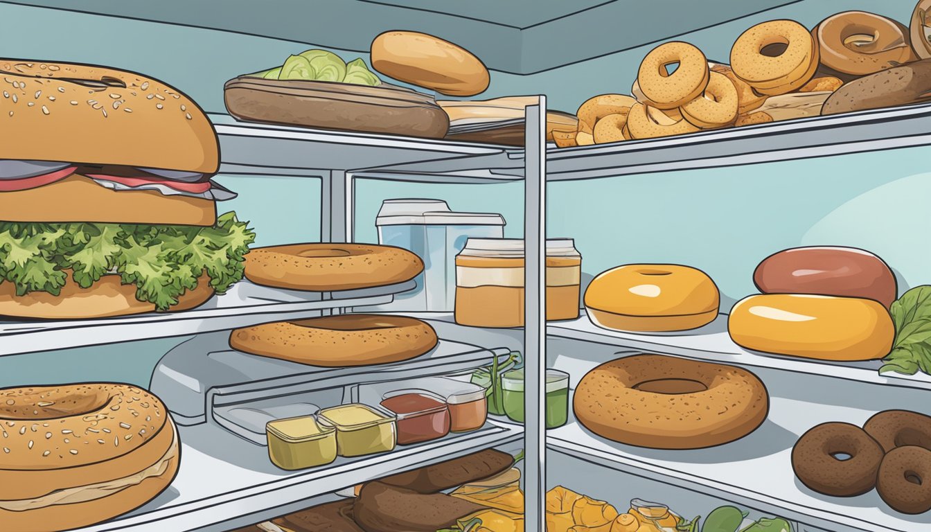 A bagel sits on a shelf in a refrigerator, surrounded by other food items