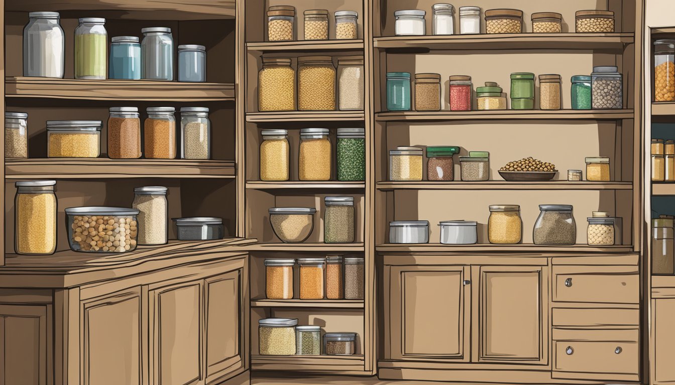 A pantry with shelves of dry goods, including a box of couscous, alongside other non-perishable items