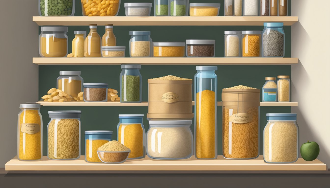 A pantry shelf with a package of couscous, surrounded by other dry goods