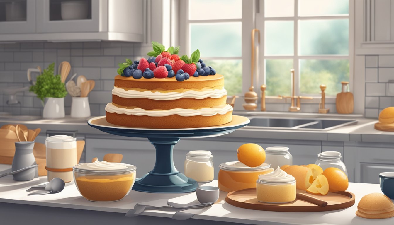 A freshly baked cake sits on a decorative stand, surrounded by various ingredients and utensils on a clean kitchen counter