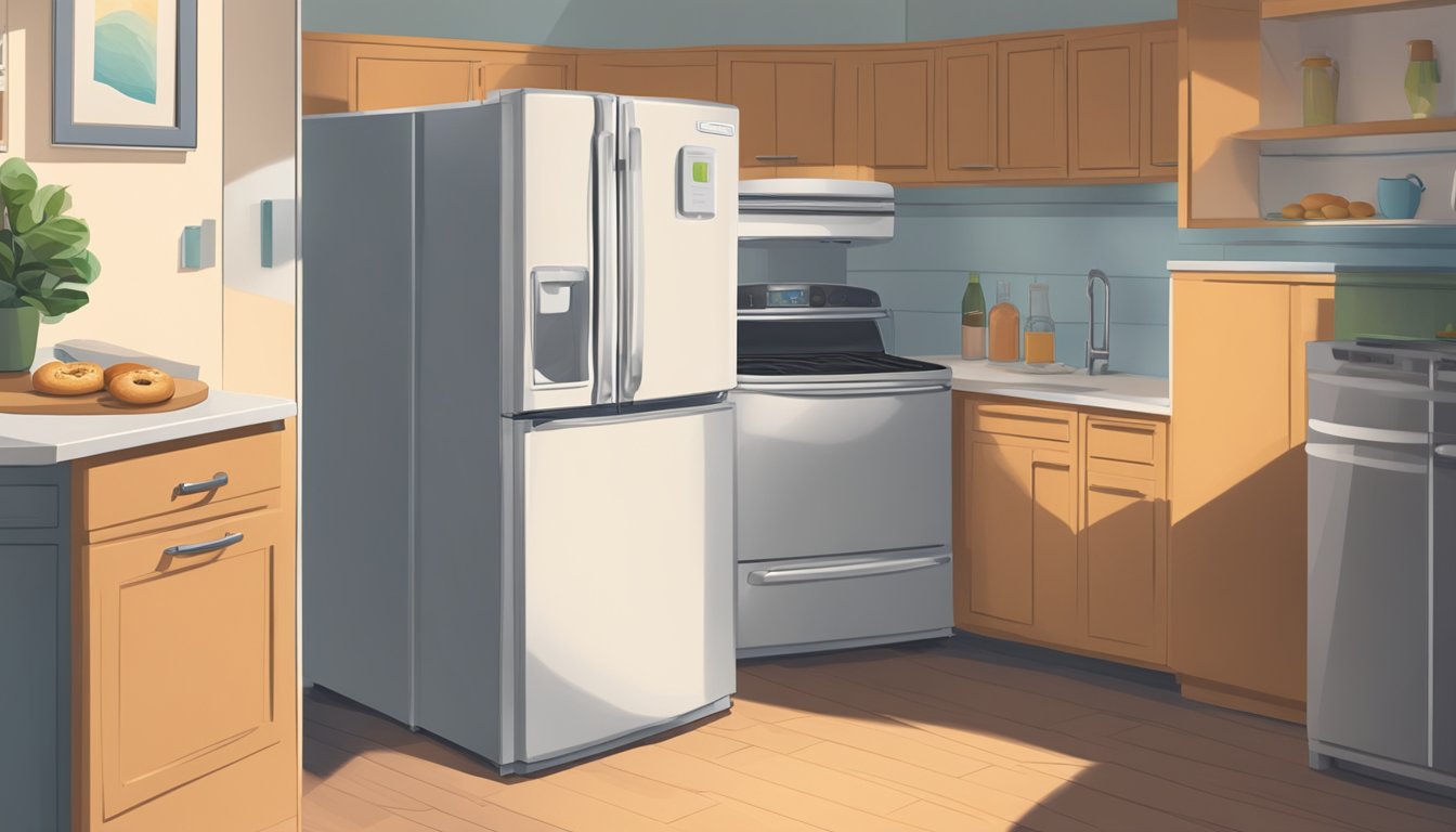 A bagel sits on a kitchen counter next to a refrigerator. The door of the refrigerator is slightly ajar, with a faint light spilling out onto the bagel