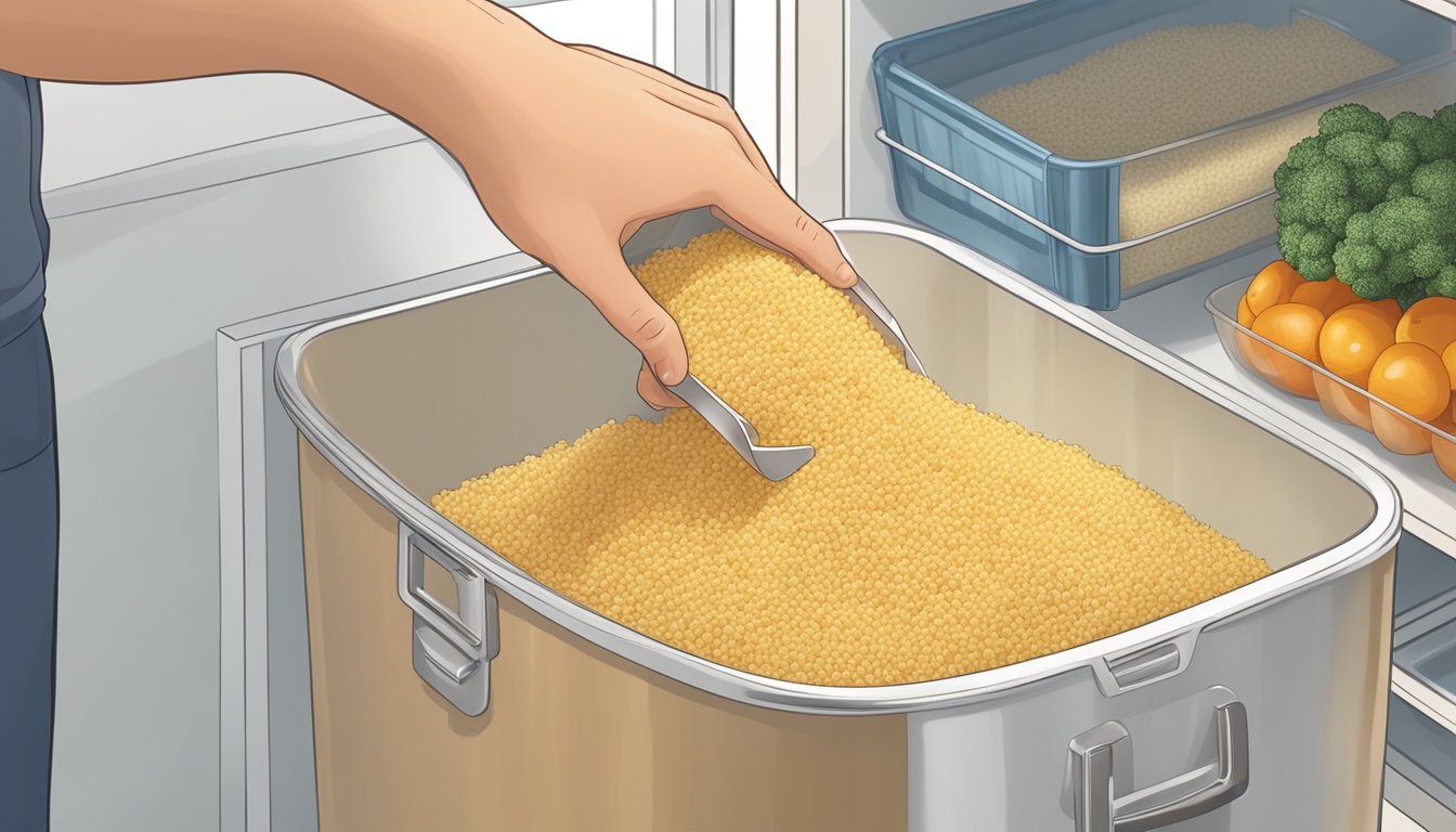 A person placing a container of couscous in the refrigerator