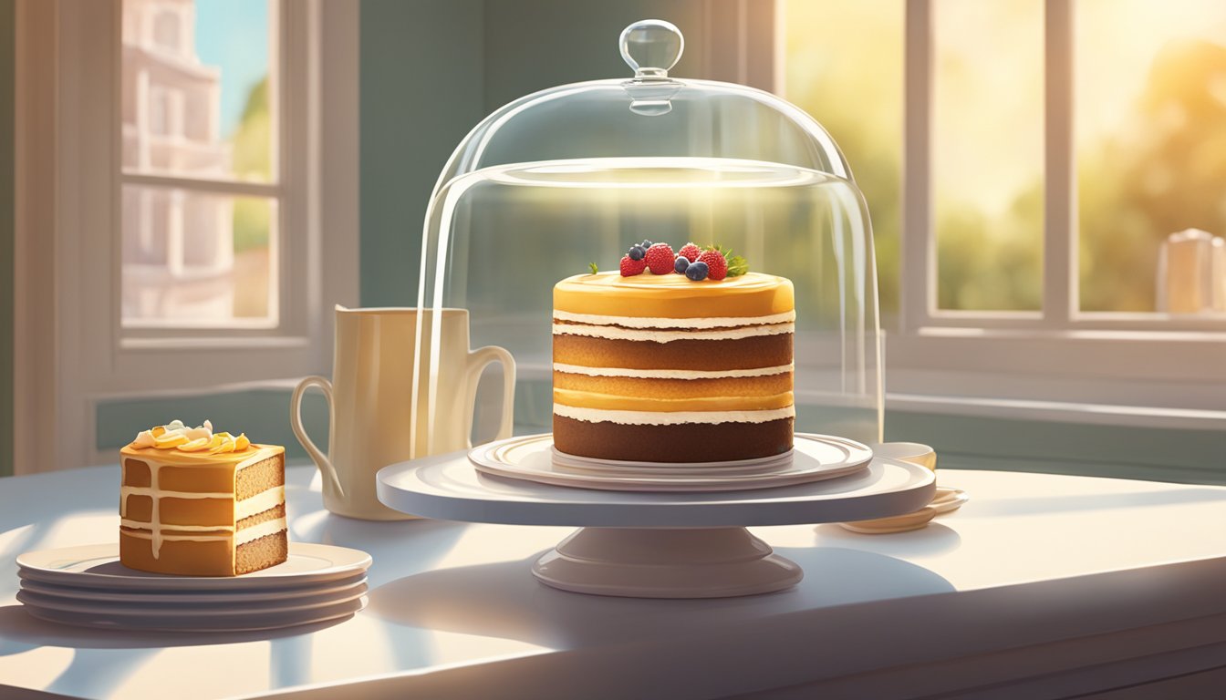 A cake sitting on a countertop next to a decorative cake dome. Sunlight filters through a nearby window, casting a warm glow on the dessert