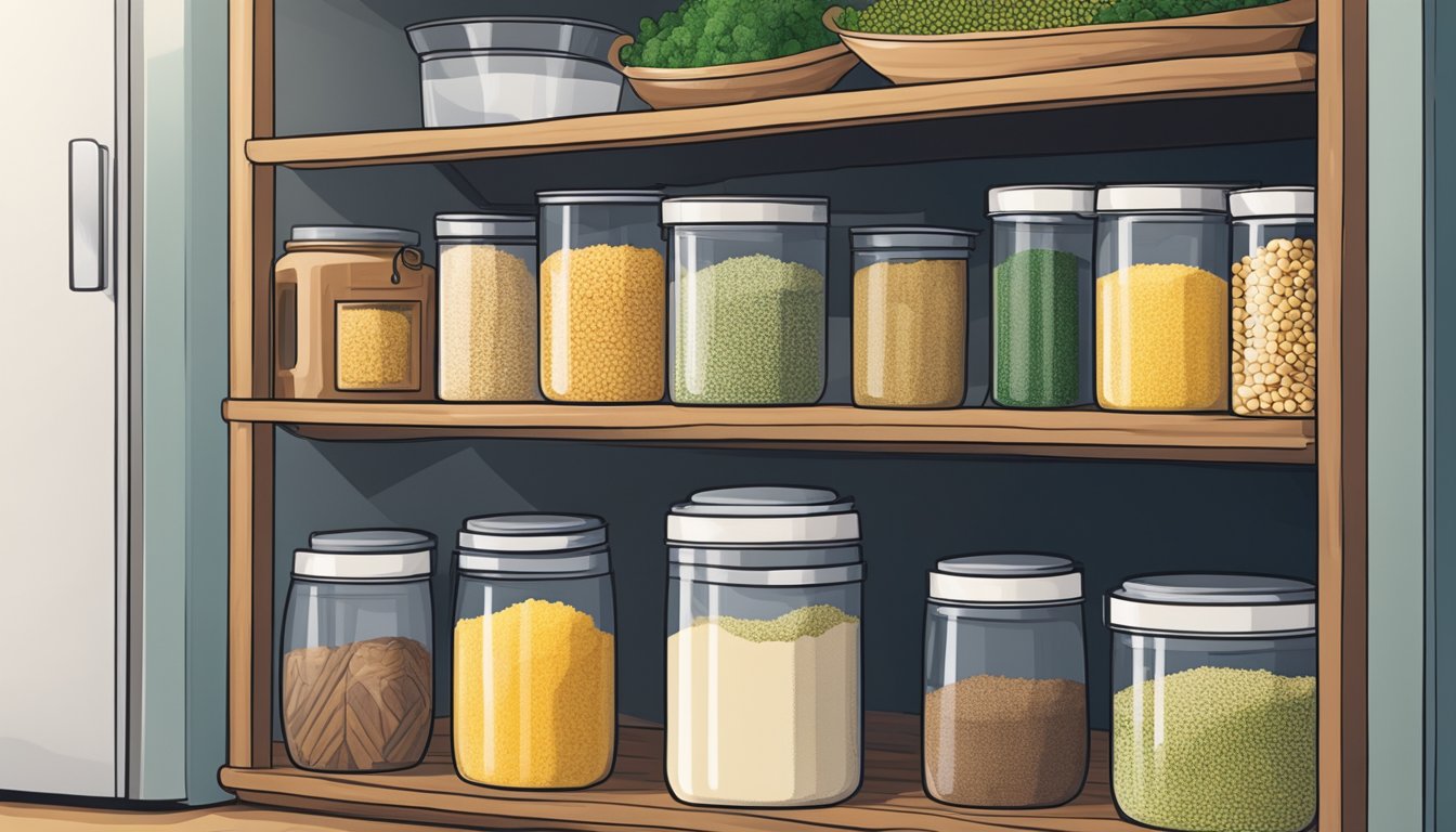 A tightly sealed container of couscous sits on a pantry shelf next to other dry goods. A refrigerator is in the background, but the couscous is not inside