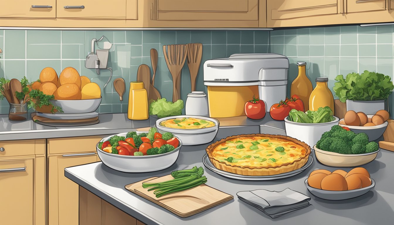 A quiche sits on a kitchen counter, surrounded by ingredients like eggs, cheese, and vegetables. A refrigerator is shown in the background