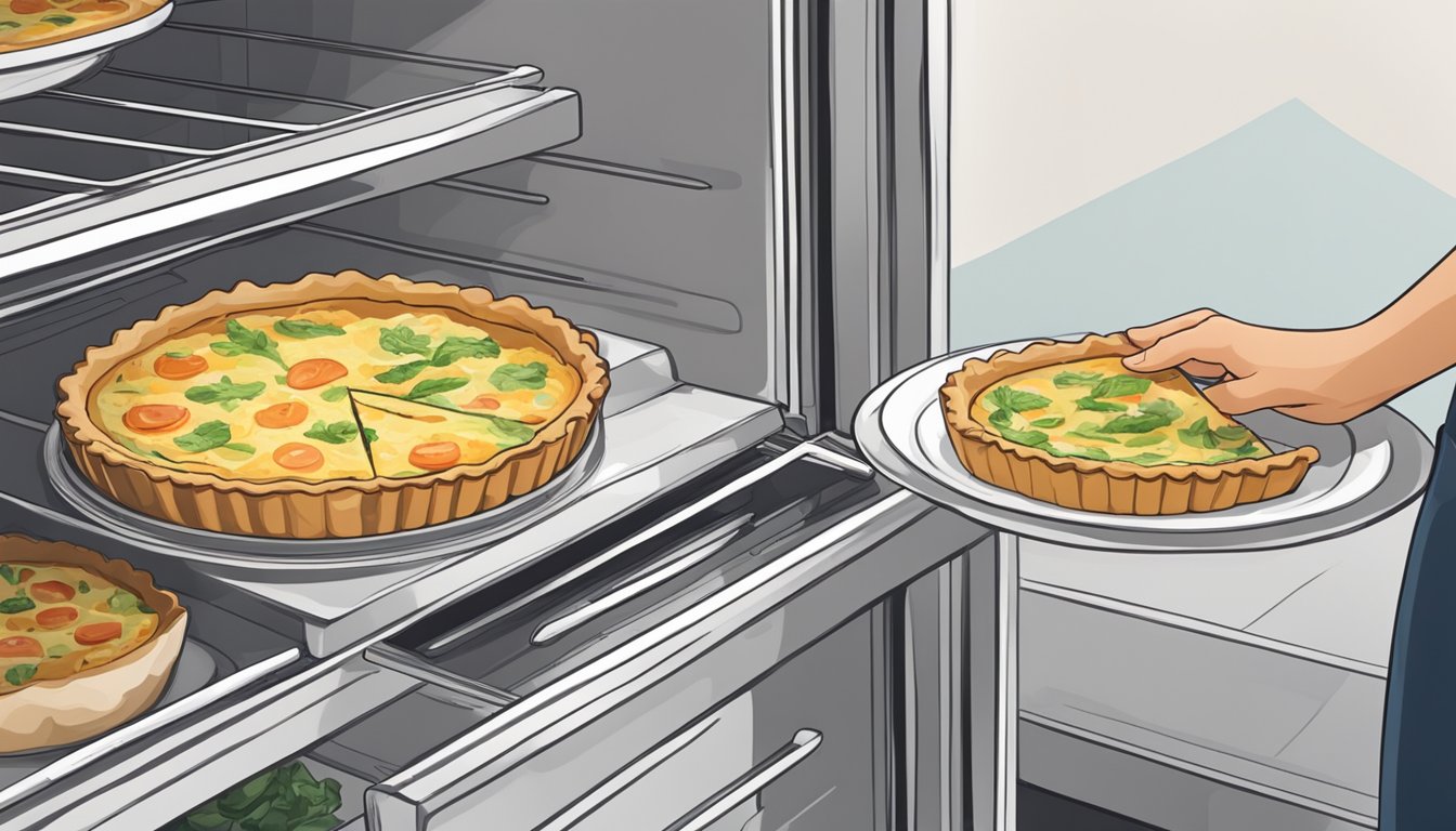 A quiche sits on a counter next to a refrigerator. The refrigerator door is open, and a hand reaches for the quiche