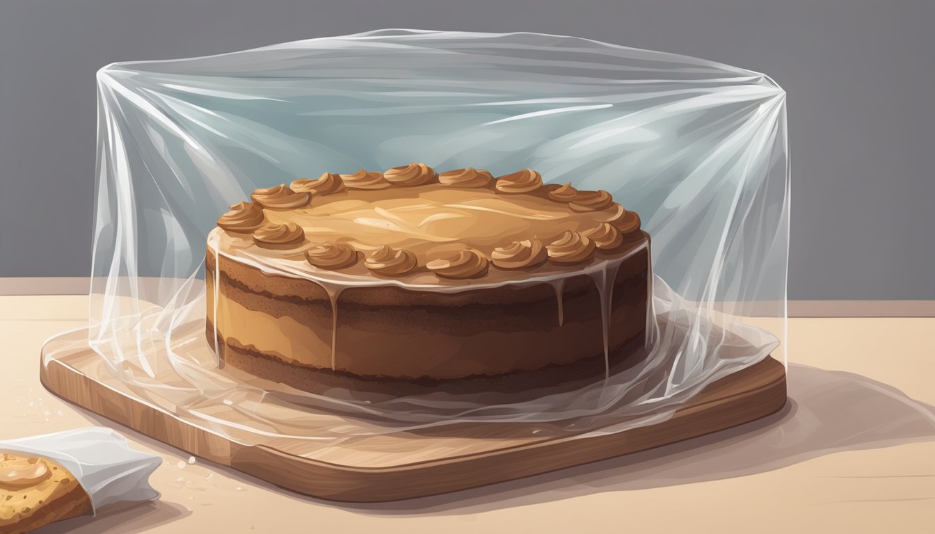 A freshly baked cake sitting on a kitchen counter, covered with a clear plastic wrap to protect it from dust and debris