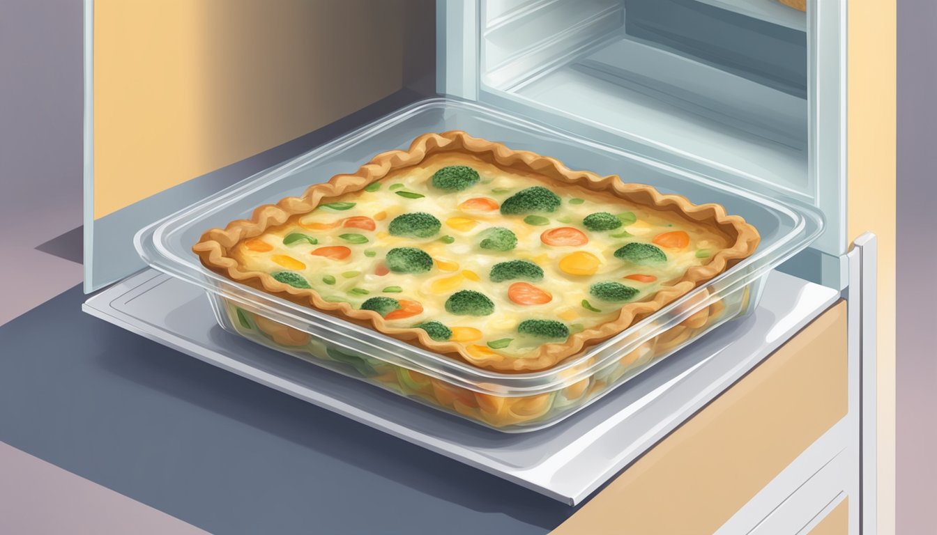 A quiche wrapped in plastic and placed in a freezer