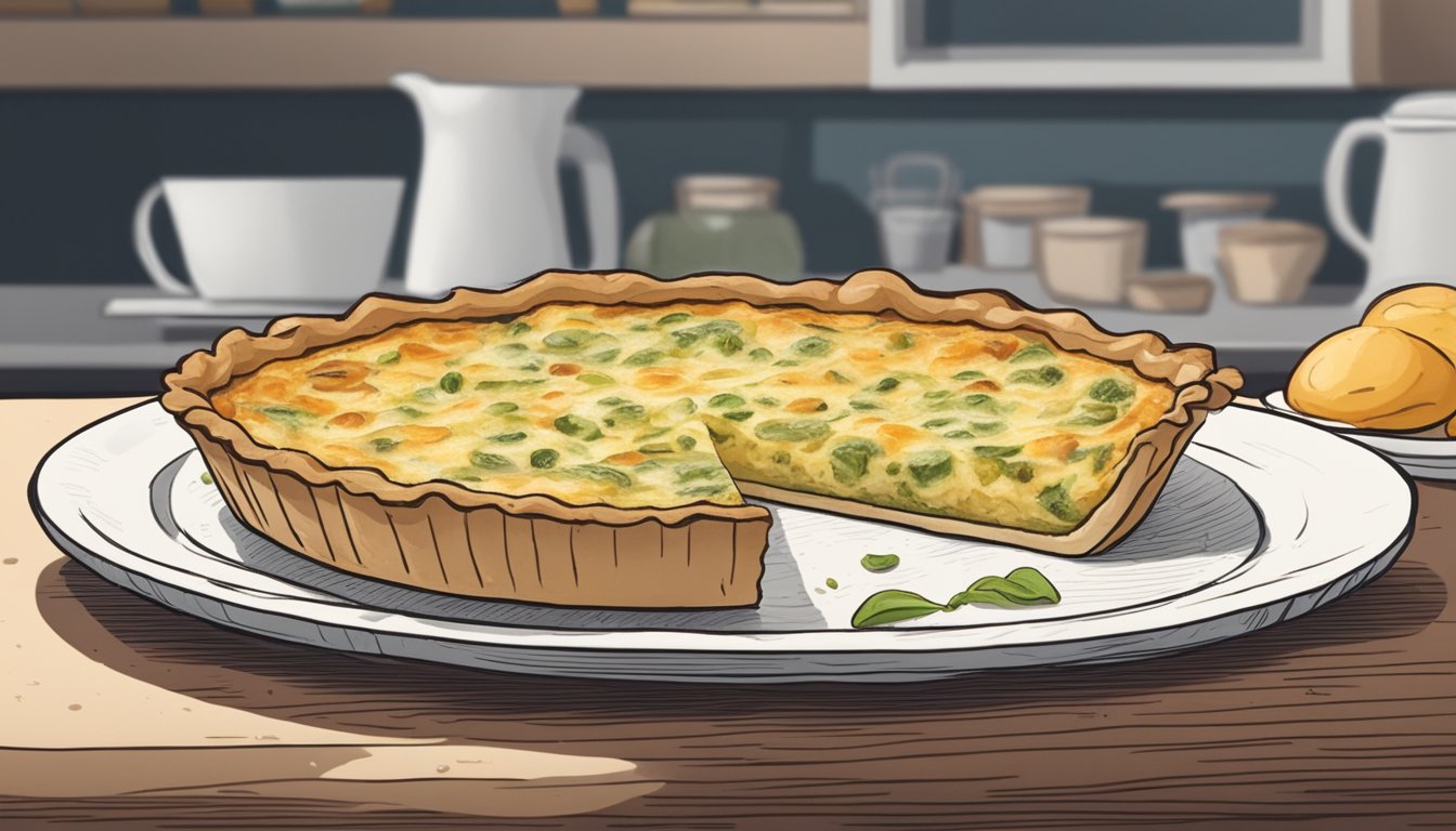 A quiche left out on the counter, with visible signs of mold and a foul odor