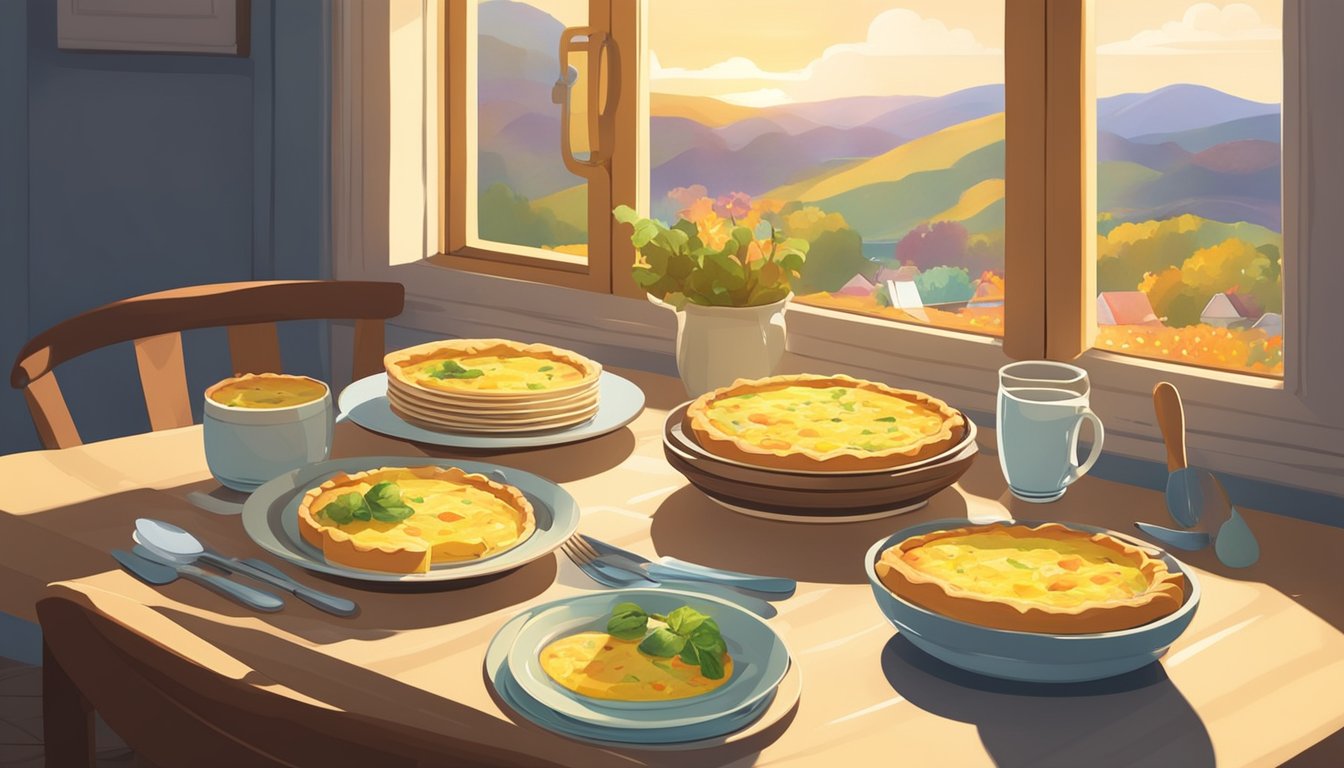 A table set with a freshly baked quiche, surrounded by colorful plates and utensils. Sunlight streams through a nearby window, casting a warm glow over the scene