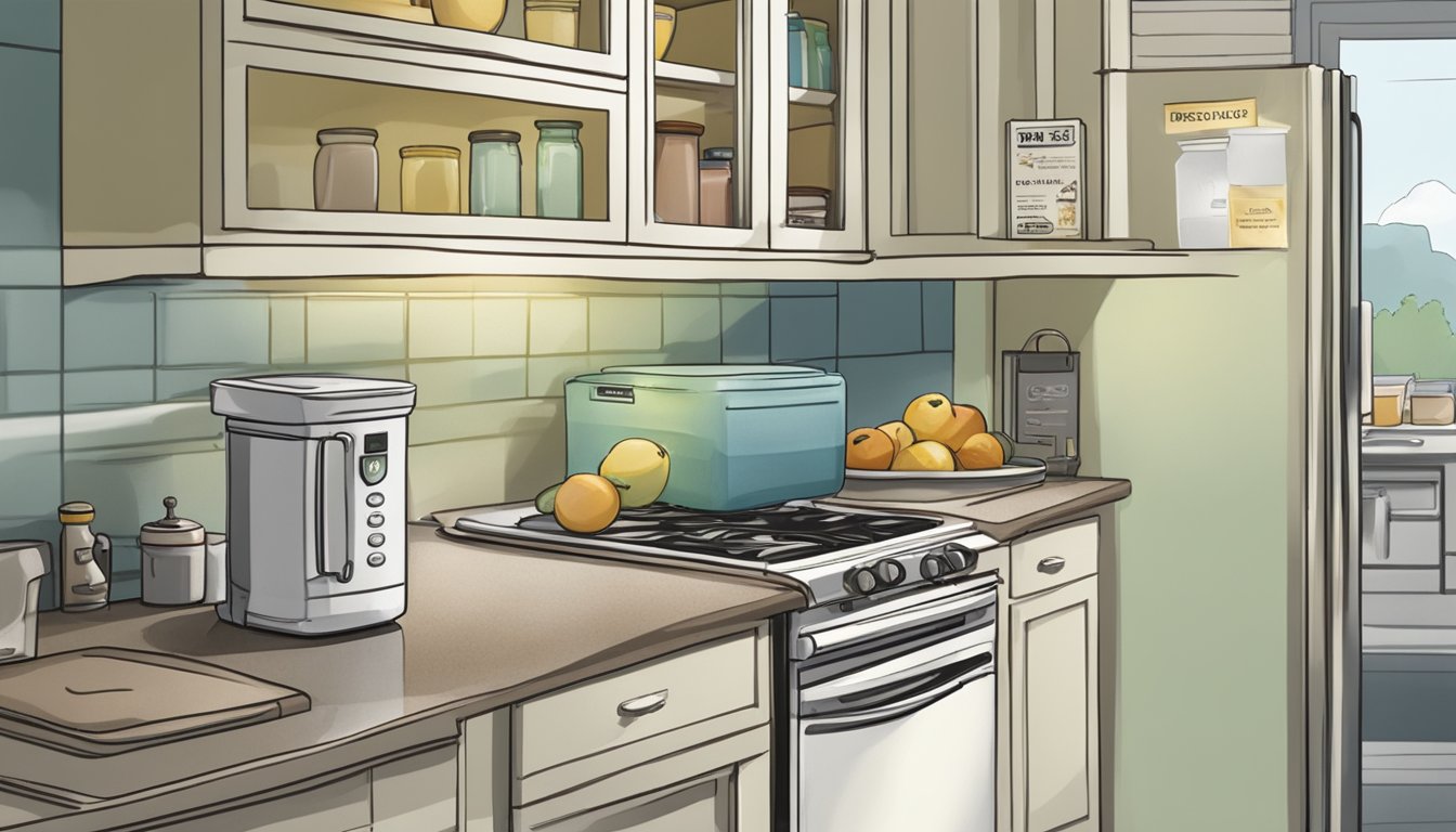 A quiche sits on a kitchen counter next to a refrigerator, with a clear label indicating "Refrigerate after opening." A clock on the wall shows the time as late evening