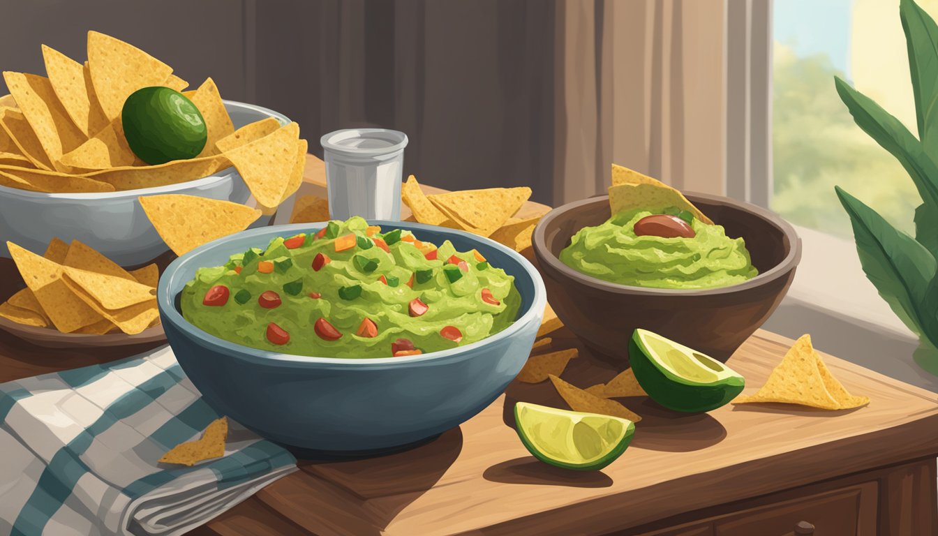 A bowl of guacamole sits on a table next to a half-eaten bag of tortilla chips. The room is warm, but the guacamole remains unrefrigerated