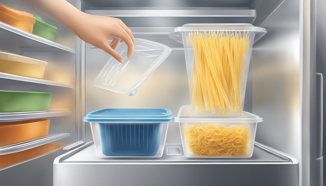 A person placing cooked pasta in a clear plastic container and then placing it in the refrigerator