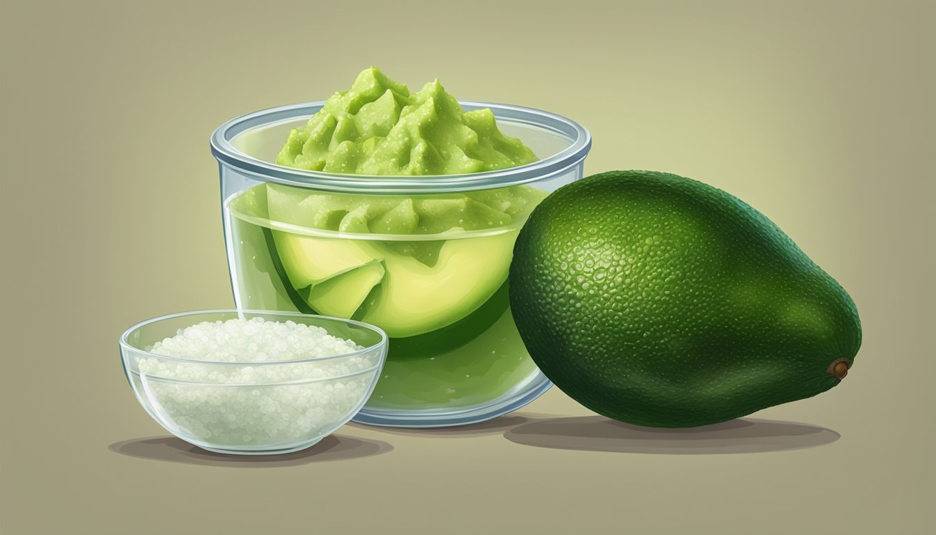 A ripe avocado being mashed with lime juice and salt, then transferred into an airtight container and placed in the refrigerator