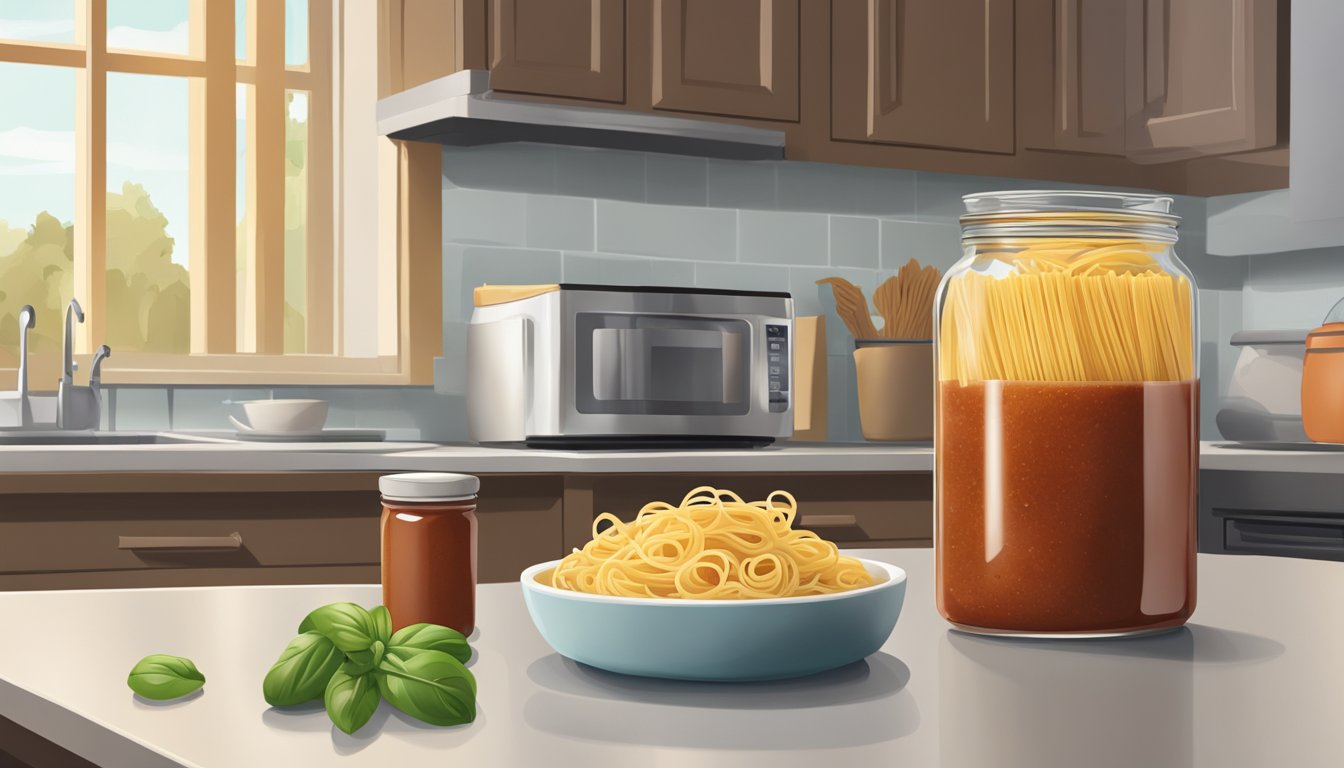 A jar of pasta sauce sits on a kitchen counter next to a pot of cooked pasta. The refrigerator is open, with a question mark hovering above it